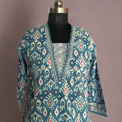 Blue Cotton Ikkat Kurta Set with Lace Detailing & Printed Dupatta | Threads & Twirls Exclusive