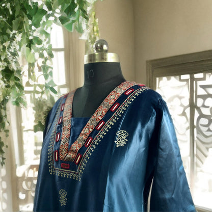 Royal Blue Gajji Silk Kurta with Kalamkari Patchwork, Mirror Detailing & Block Prints – Festive Ethnic Elegance | Threads & Twirls