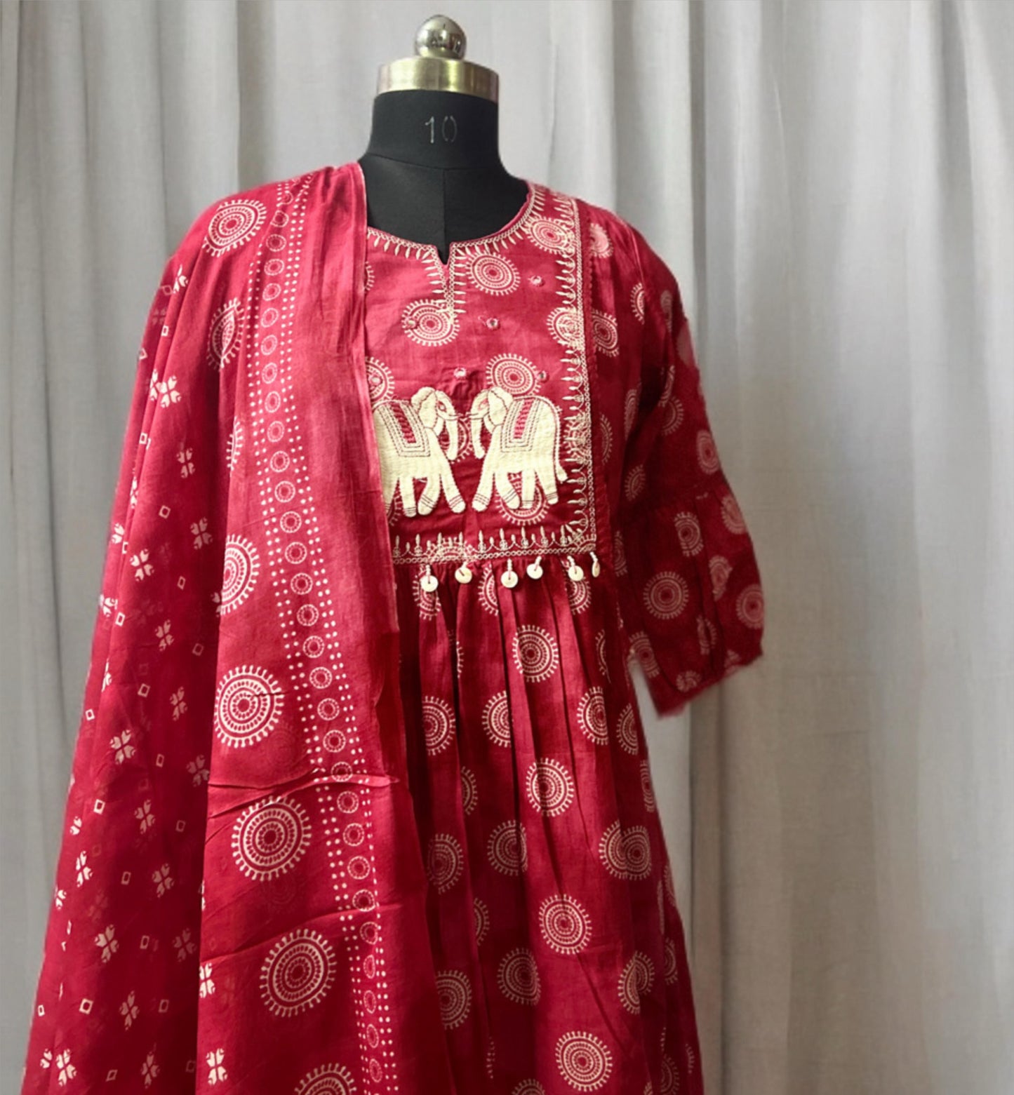 Pink Cotton Printed Suit Set with Elephant Embroidery | Pant & Dupatta Included