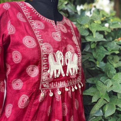 Pink Cotton Printed Suit Set with Elephant Embroidery | Pant & Dupatta Included