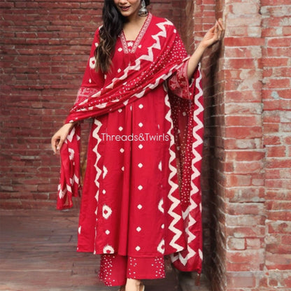 Priya - Block Print Suit Set - Red and White | Threads & Twirls