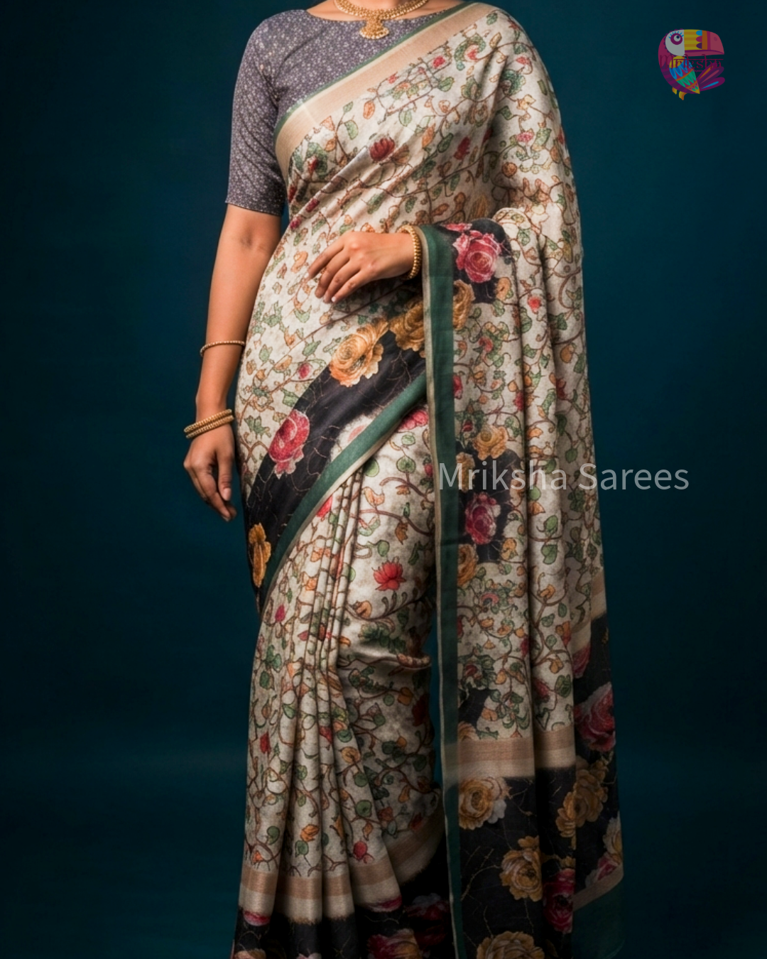 Mriksha Digital Printed Floral Saree with Contrast Blouse | Soft & Elegant | Threads & Twirls