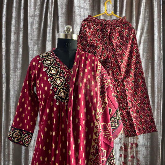 Burgundy Rajasthani Ikat Cotton Salwar Suit with Mirror Work, Printed Pant & Dupatta | Threads & Twirls