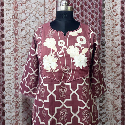 Maroon Cotton Kurta Pant Set with Embroidered Floral Yoke & Dupatta | Everyday Elegance