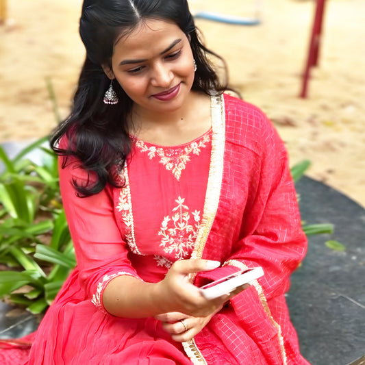 Tomato Pink Mul Chanderi Salwar Suit with Zari Embroidery | Threads & Twirls