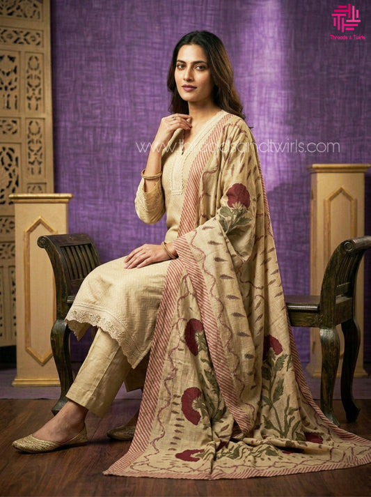 Beige Cotton Salwar Suit with Hakoba Embroidery Neck & Kota Handblock Dupatta – Elegant Ethnic Wear