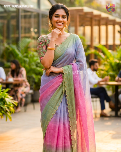 Kota Doria Ombre Saree with Mirror Work & Floral Printed Blouse – Mriksha Sarees