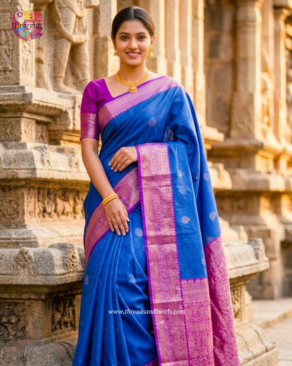 Blue & Pink Checked Semi Silk Saree with Zari Border & Contrast Blouse – Mriksha Sarees