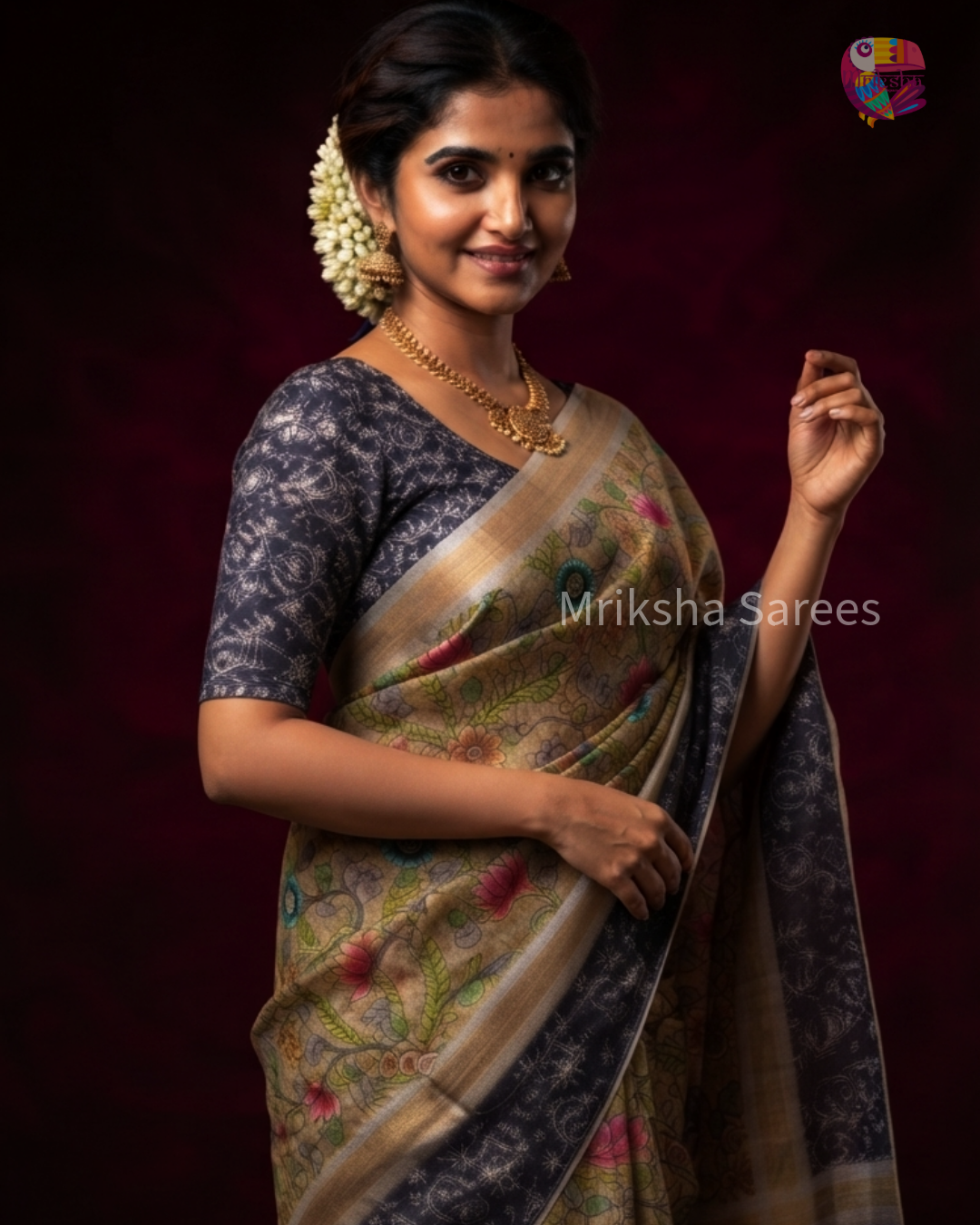 Mriksha Digital Printed Floral Saree with Contrast Blouse | Soft & Elegant | Threads & Twirls