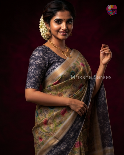 Mriksha Digital Printed Floral Saree with Contrast Blouse | Soft & Elegant | Threads & Twirls