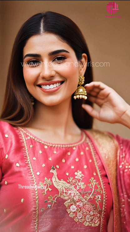 Pink Tissue Shimmer Salwar Suit with Peacock Yoke Embroidery | Threads & Twirls