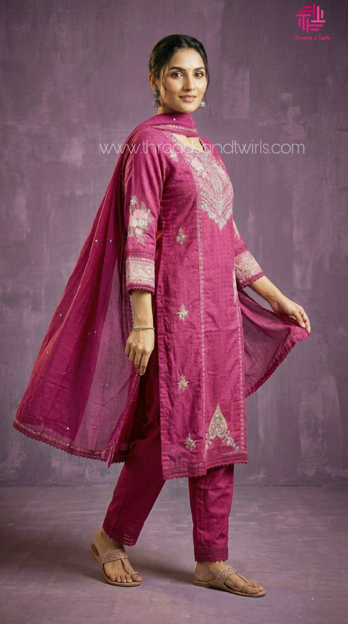 Magenta Pink Dobby Cotton Salwar Suit with Embroidery & Mul Cotton Dupatta – Festive Ethnic Wear