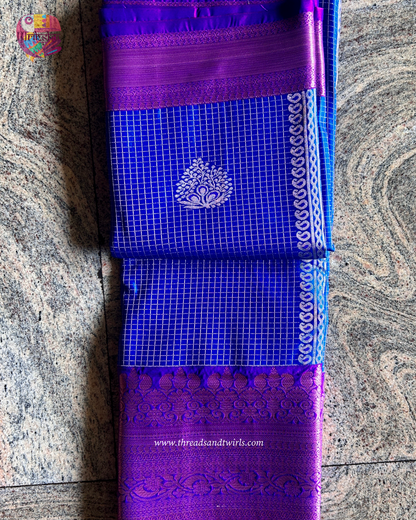 Blue & Pink Checked Semi Silk Saree with Zari Border & Contrast Blouse – Mriksha Sarees