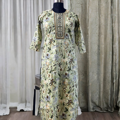 Printed Cotton Salwar Suit with Gottapati Work – Green & Pink | Threads & Twirls