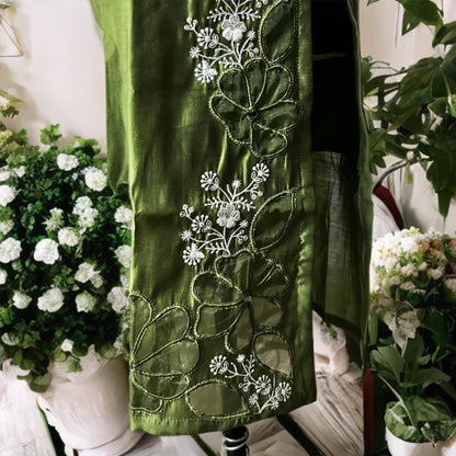 Olive Green Cut Work Embroidered Kurtha Set with Organza Dupatta – Elegant Ethnic Wear for Women