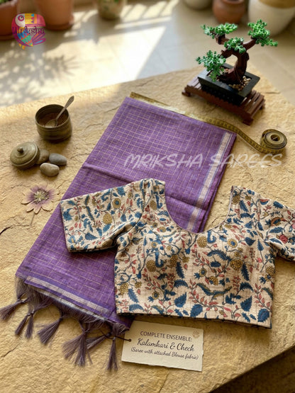Silk Cotton Kalamkari & Checks Saree with Floral Printed Blouse – Tri-Gradient Shades (Pink, Violet, Blue)