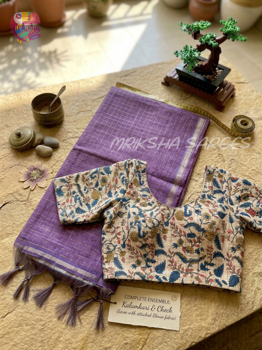 Silk Cotton Kalamkari & Checks Saree with Floral Printed Blouse – Tri-Gradient Shades (Pink, Violet, Blue)
