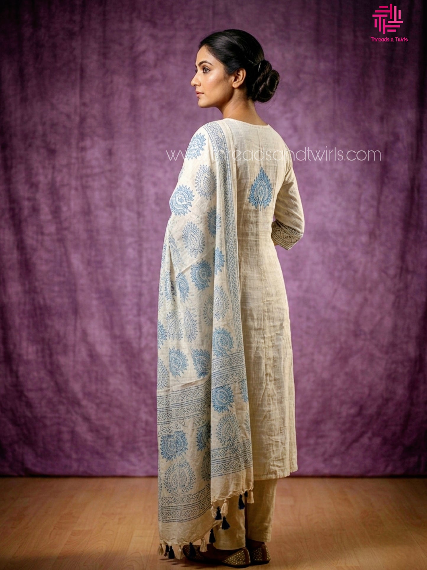 Ivory & Indigo Block Print Linen-Blend A-Line Princess Cut Salwar Suit Set | Threads & Twirls