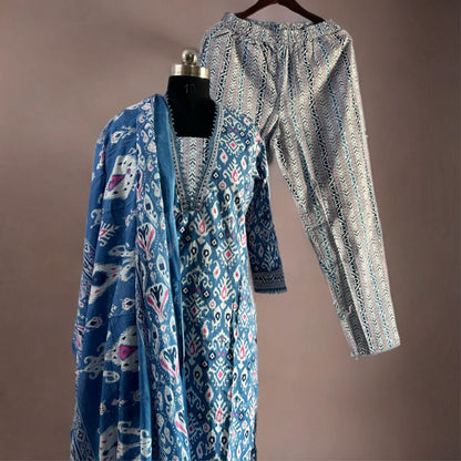 Blue Cotton Ikkat Kurta Set with Lace Detailing & Printed Dupatta | Threads & Twirls Exclusive