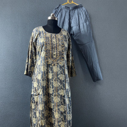 Elegant Grey & Gold Embroidered Salwar Suit with Dupatta – Threads & Twirls