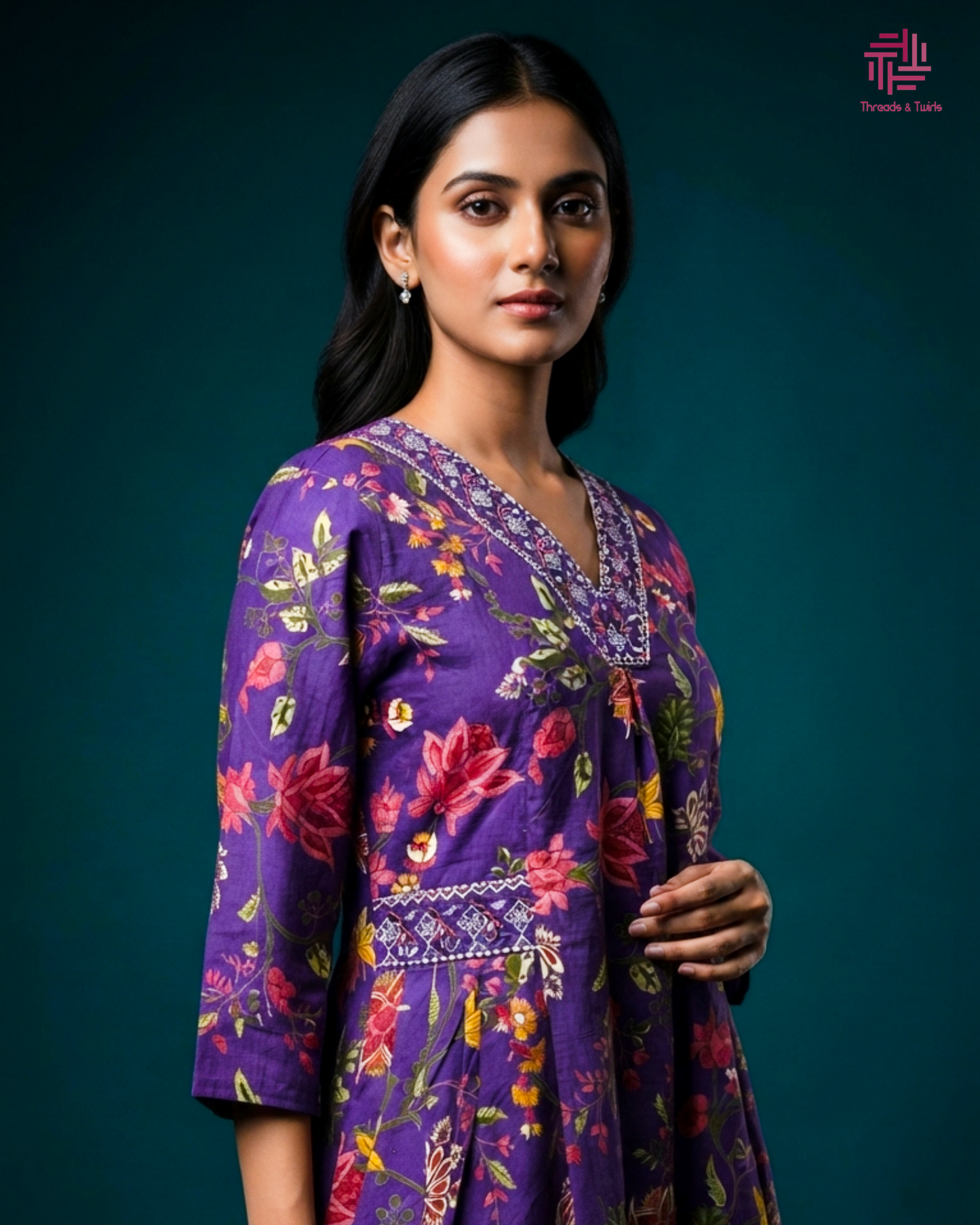 Purple Floral Cotton Suit Set with Embroidered Neckline | Pant & Dupatta Included