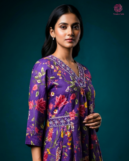 Purple Floral Cotton Suit Set with Embroidered Neckline | Pant & Dupatta Included