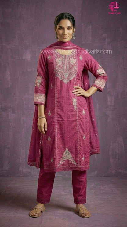 Magenta Pink Dobby Cotton Salwar Suit with Embroidery & Mul Cotton Dupatta – Festive Ethnic Wear