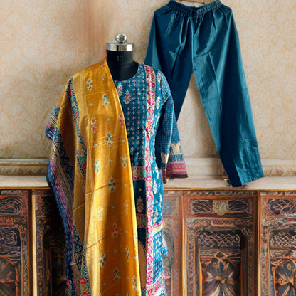 Peacock Blue Chinon Salwar Suit with Mughal Prints, Plain Pant & Golden Dupatta | Threads & Twirls
