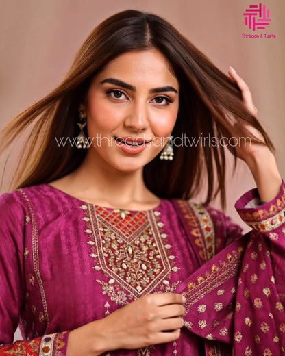 Purple Muslin Printed Salwar Suit with Matching Dupatta | Threads & Twirls