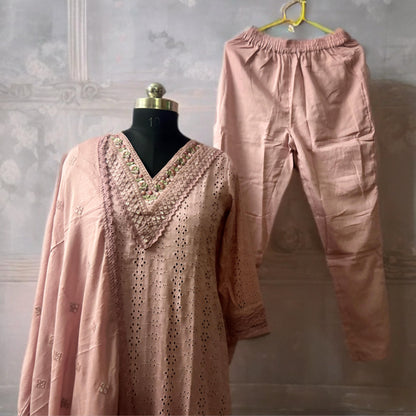 Mauve Pink Hakoba Straight Cut Salwar Suit with Embroidered V-Neck, Mirror Work Dupatta & Designer Pant