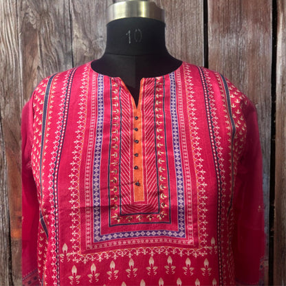 Pink Printed Rayon Kurtha Set with Pant & Dupatta | Threads & Twirls