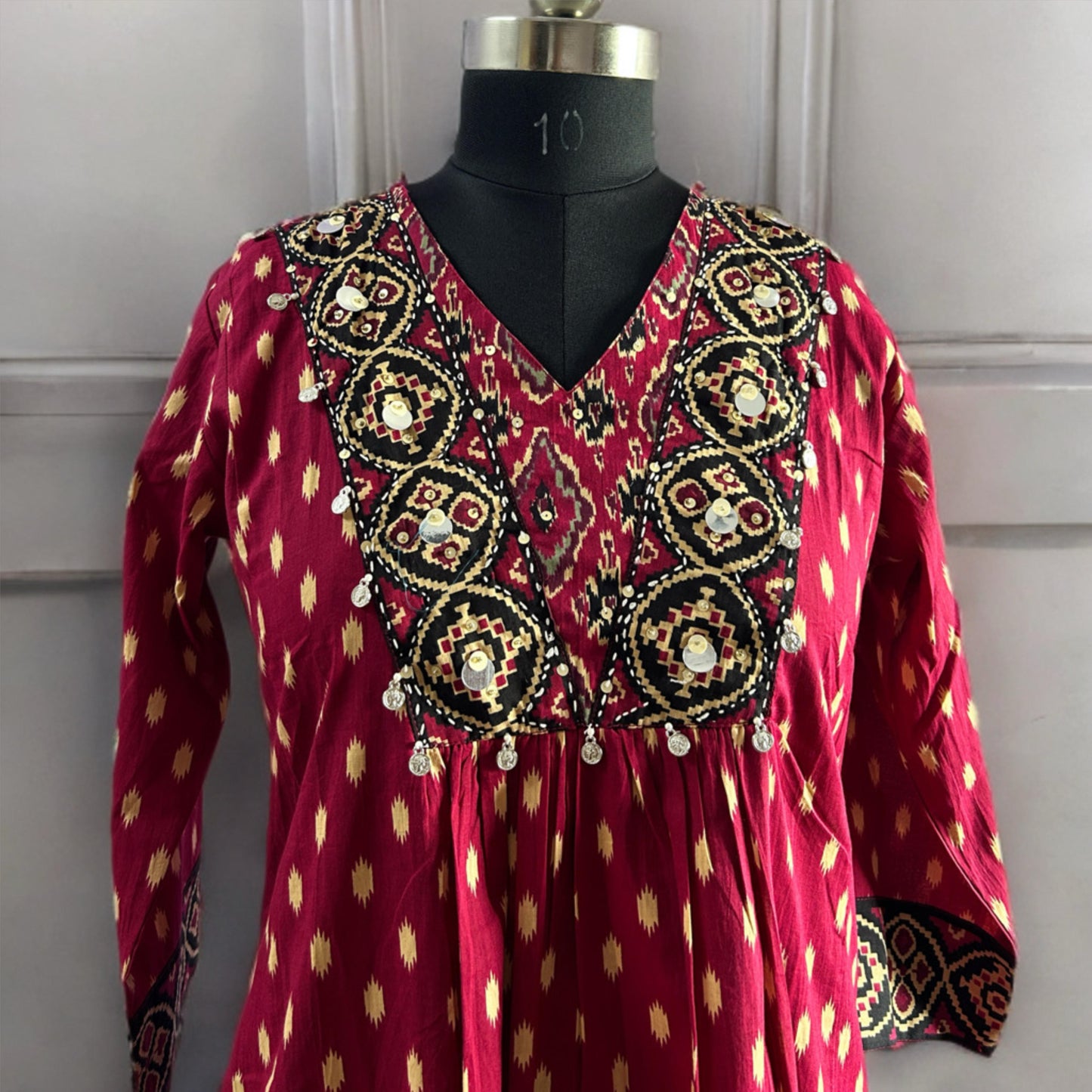 Burgundy Rajasthani Ikat Cotton Salwar Suit with Mirror Work, Printed Pant & Dupatta | Threads & Twirls
