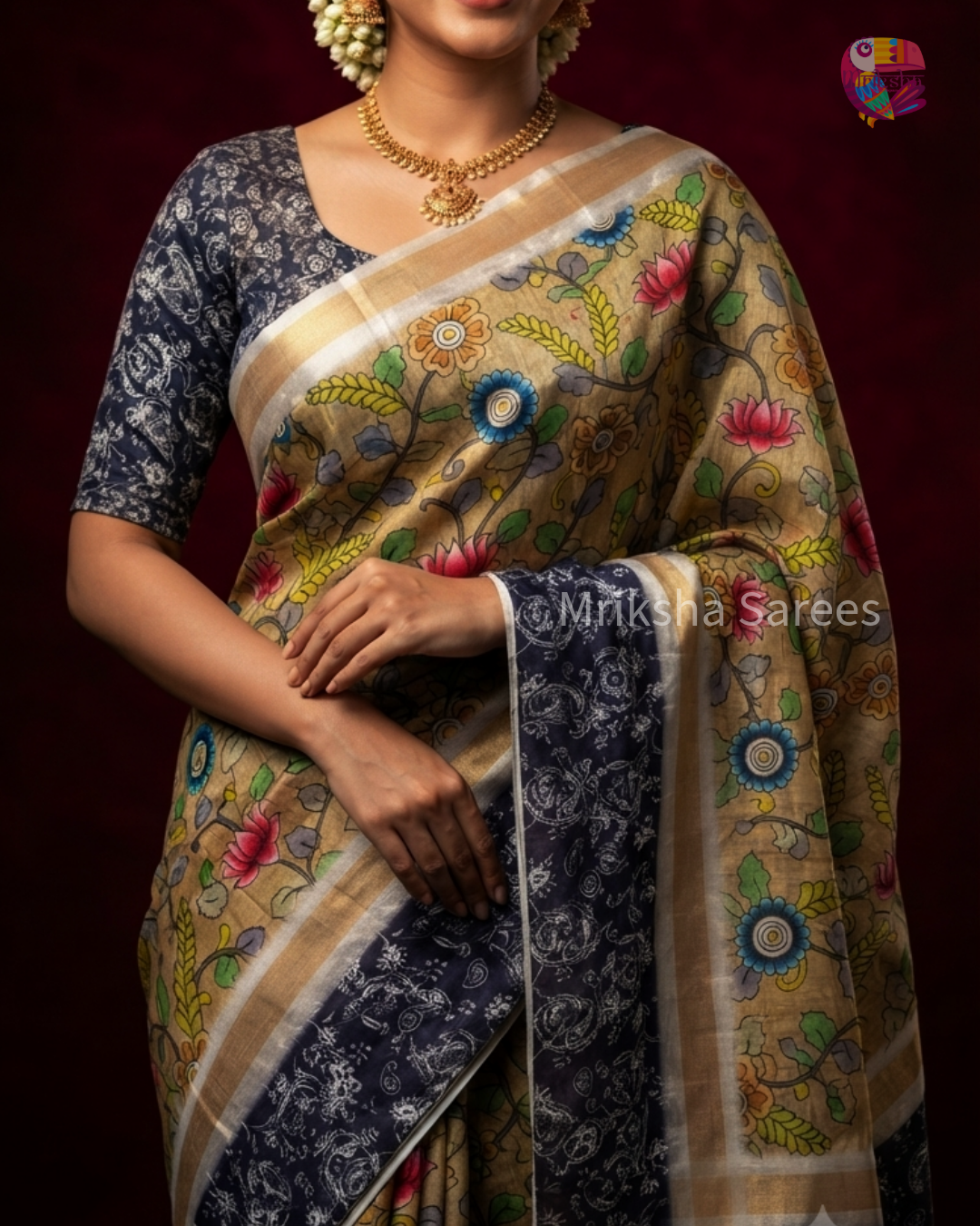 Mriksha Digital Printed Floral Saree with Contrast Blouse | Soft & Elegant | Threads & Twirls