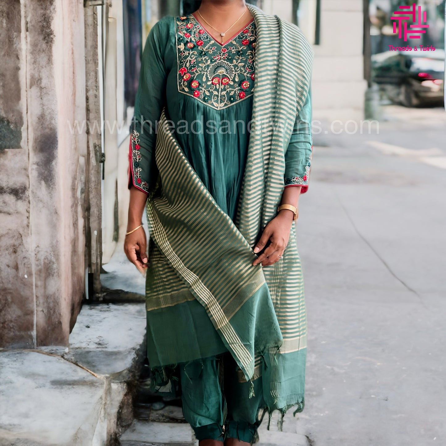 Bottle Green Mul Chanderi Salwar Suit Set with Handwork Zardosi | Threads & Twirls