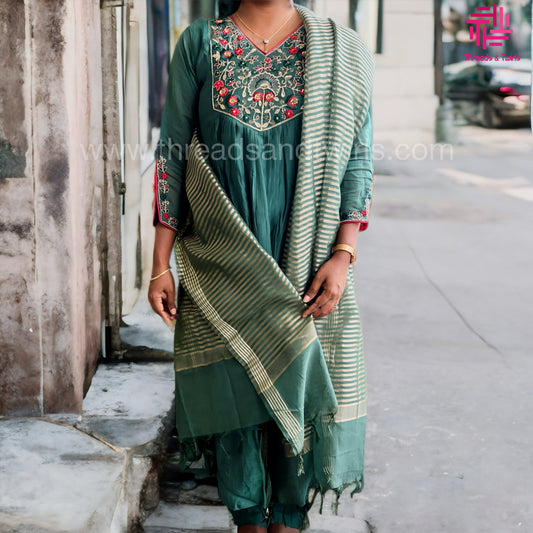 Bottle Green Mul Chanderi Salwar Suit Set with Handwork Zardosi | Threads & Twirls