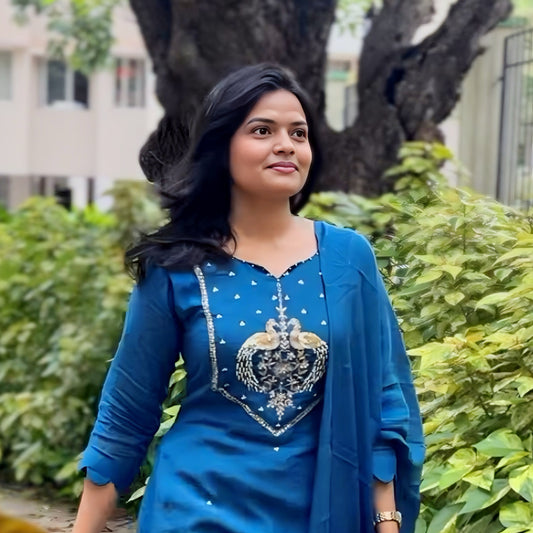 Royal Blue Mul Chanderi Salwar Suit with Peacock Embroidery | Threads & Twirls