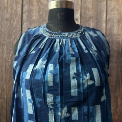 Indigo Halter Neck Cotton Kurti with Pocket & Attachable Sleeves – Pleated Floral Print