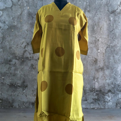 Mustard Yellow Polka Dot Rayon Kurti with V-Neckline – Casual & Chic | Threads & Twirls