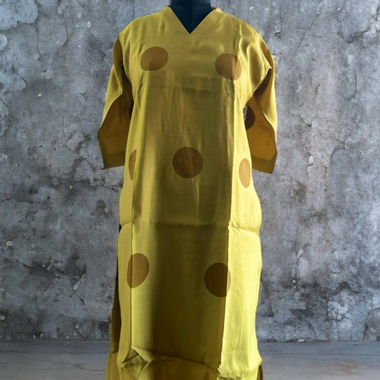 Mustard Yellow Polka Dot Rayon Kurti with V-Neckline – Casual & Chic | Threads & Twirls