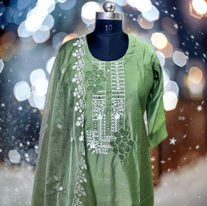 Olive Green Cut Work Embroidered Kurtha Set with Organza Dupatta – Elegant Ethnic Wear for Women