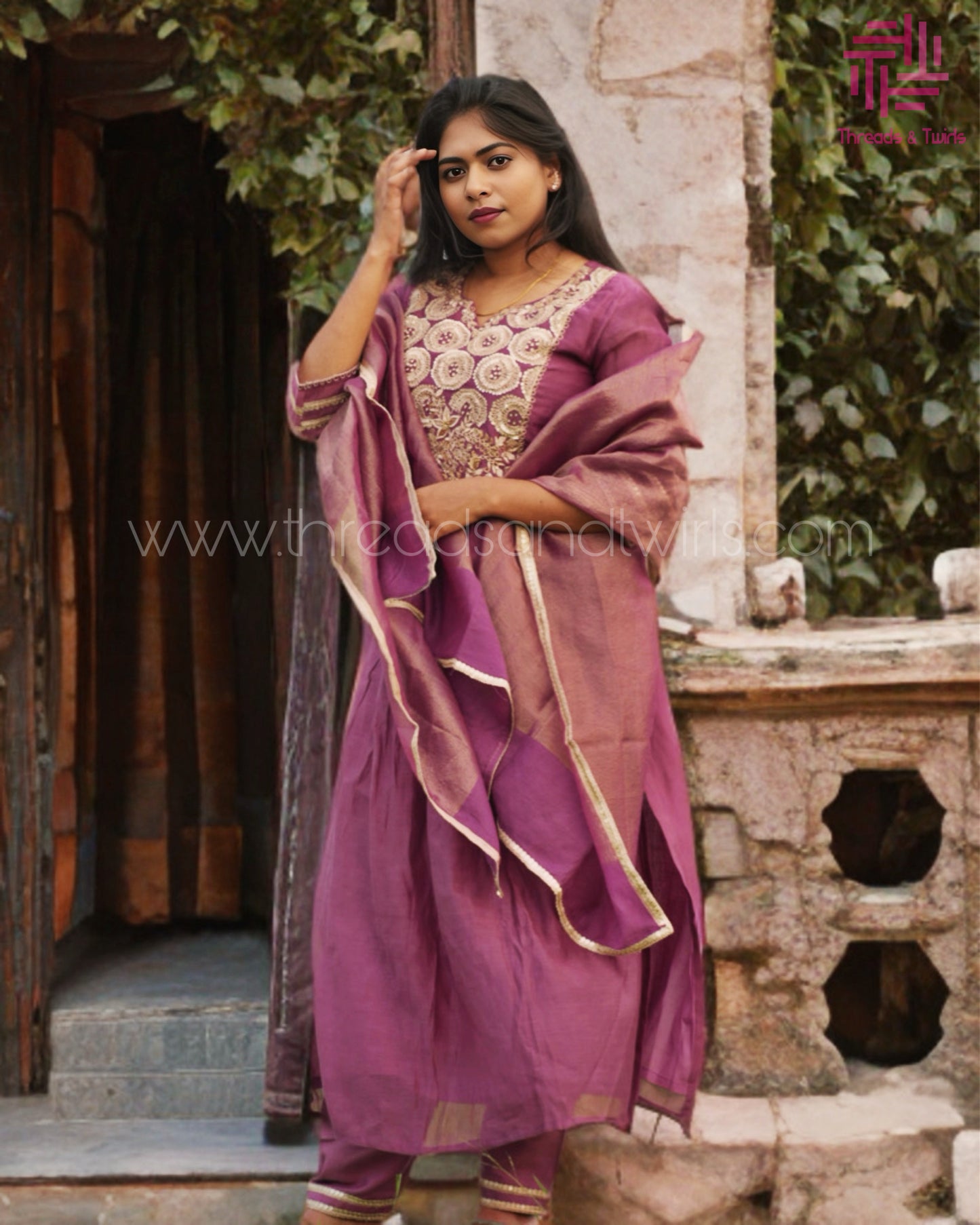 Wine Mul Chanderi Salwar Suit with Embroidered Yoke | Threads & Twirls