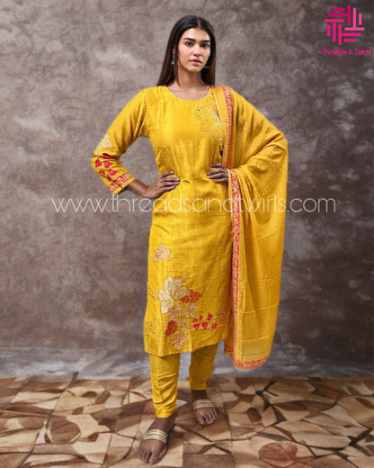 Yellow Muslin Salwar Suit with Printed Dupatta | Threads & Twirls