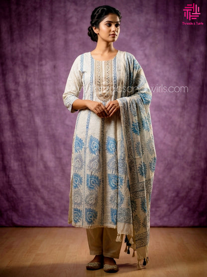 Ivory & Indigo Block Print Linen-Blend A-Line Princess Cut Salwar Suit Set | Threads & Twirls