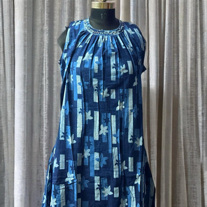 Indigo Halter Neck Cotton Kurti with Pocket & Attachable Sleeves – Pleated Floral Print