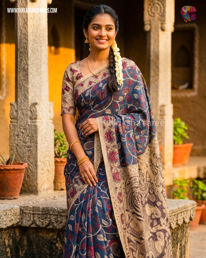 Kota Kalamkari Saree in Blue with Peacock Pallu & Contrast Beige Floral Blouse | Mriksha Sarees