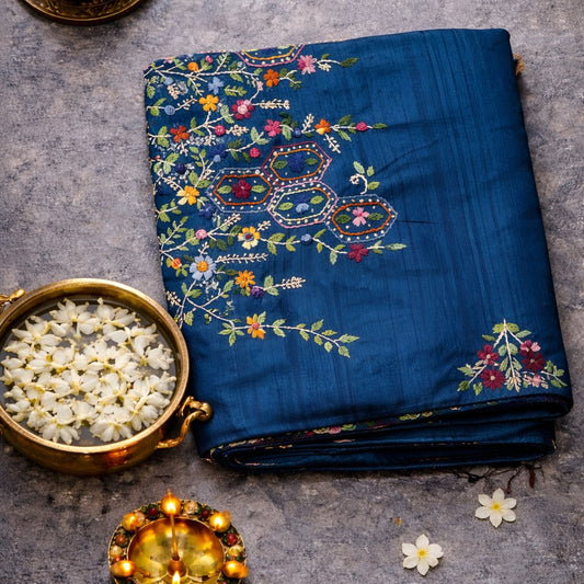 Teal Blue Semi Tussar Silk Saree with Hand Bullion Embroidery | Mriksha sarees