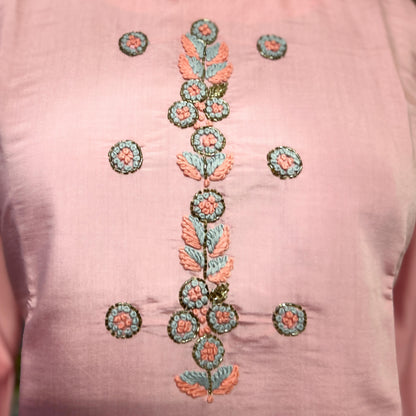 Blush Pink Kurta Set with Hand Embroidery and Grey Pant Dupatta Combo