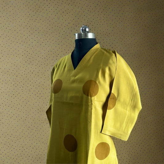 Mustard Yellow Polka Dot Rayon Kurti with V-Neckline – Casual & Chic | Threads & Twirls