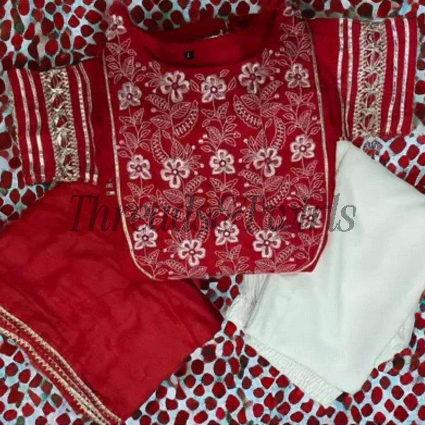 Ranjani - Anarkali Cotton Embroidery Suit - Red | Threads & Twirls