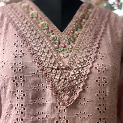 Mauve Pink Hakoba Straight Cut Salwar Suit with Embroidered V-Neck, Mirror Work Dupatta & Designer Pant